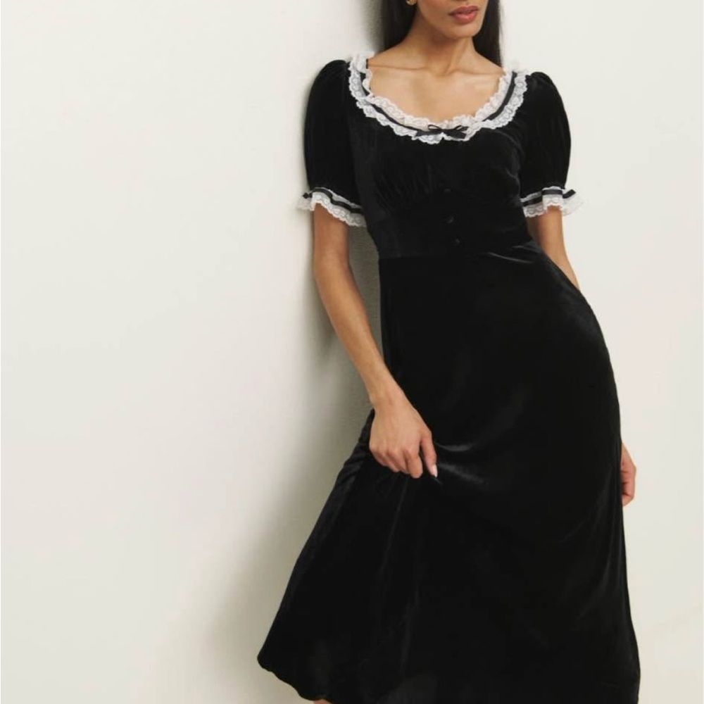 Reformation Black Velvet Midi Dress with White Lace